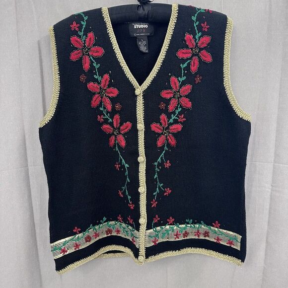 Designer Originals Sweater Vest Womens Large Joy Holiday Christmas Poinsettia - Picture 1 of 6